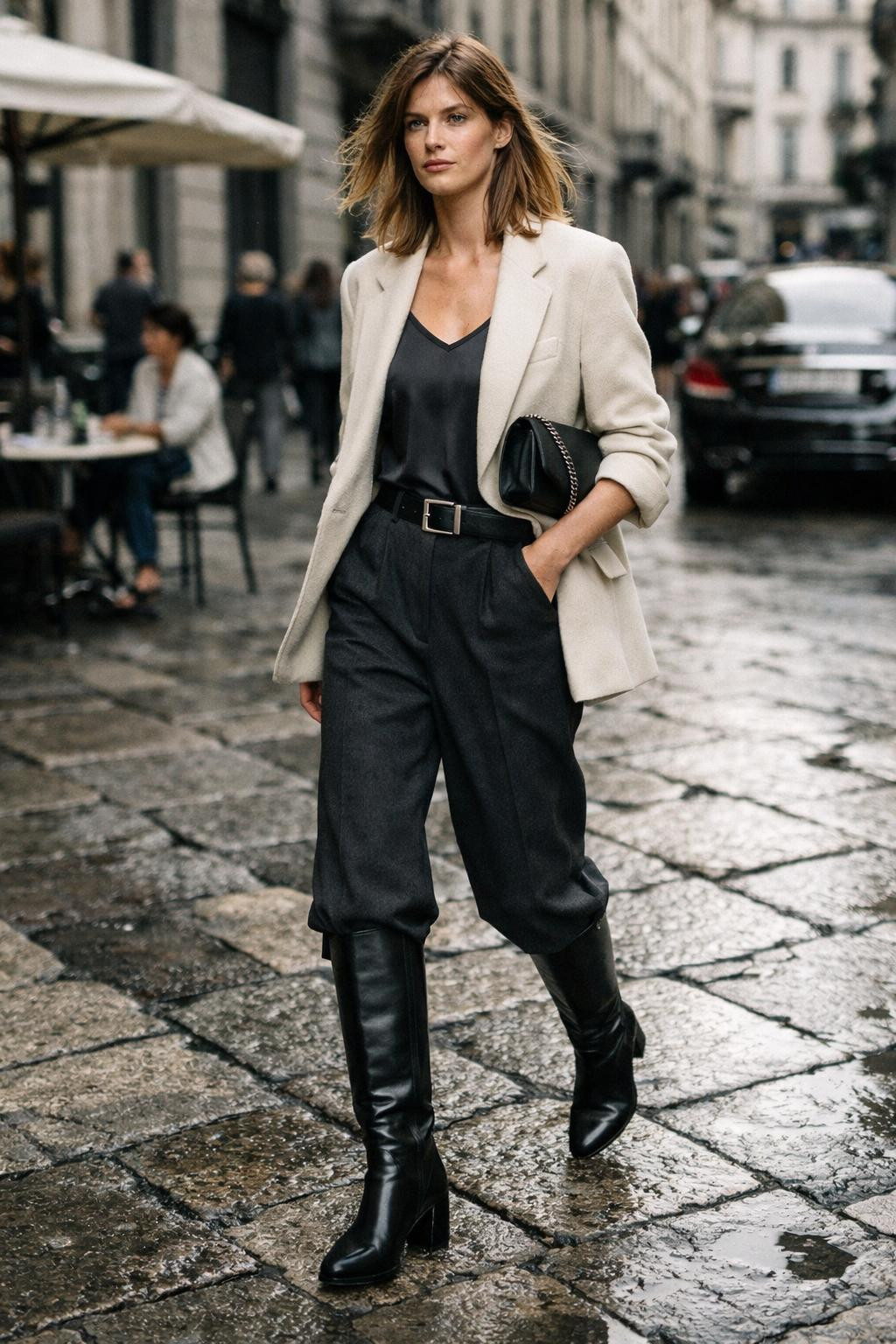Knee high boots outfit with black structured boots and oversized blazer