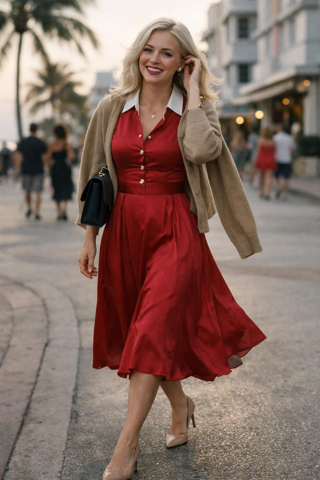 Valentine's Day dress in red silk with white collar and gold buttons