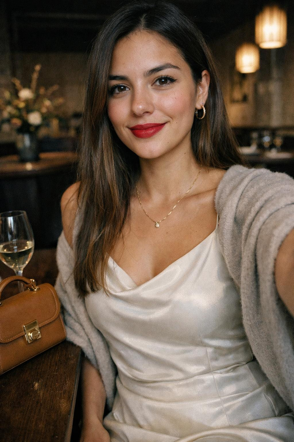 Valentine's Day dress in cream silk midi with beige cashmere wrap