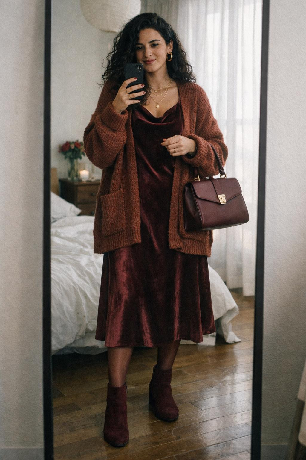 Valentine's Day dress in burgundy velvet midi with rust cardigan