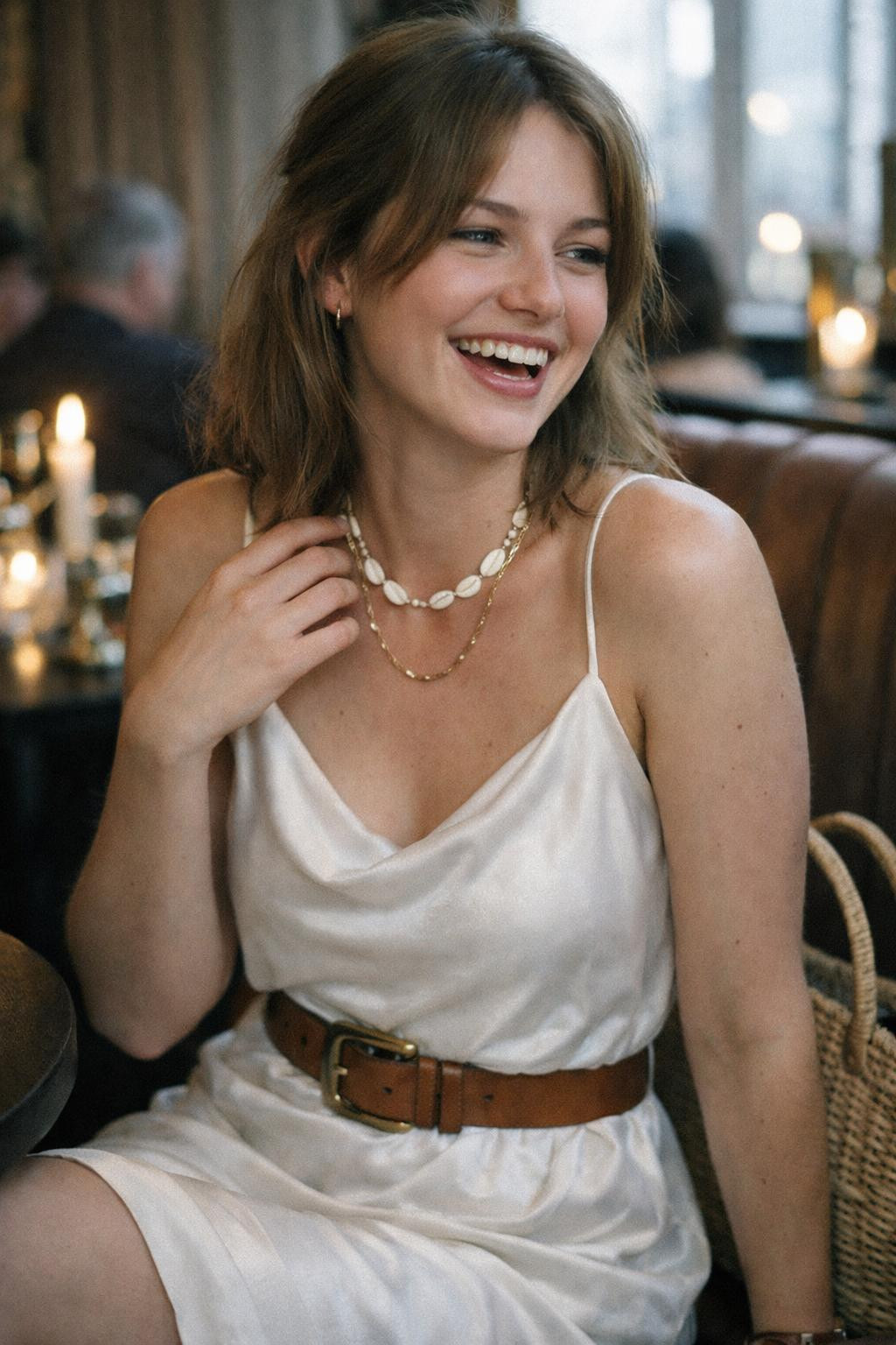 Valentine's Day dress in white silk slip with cowl neckline