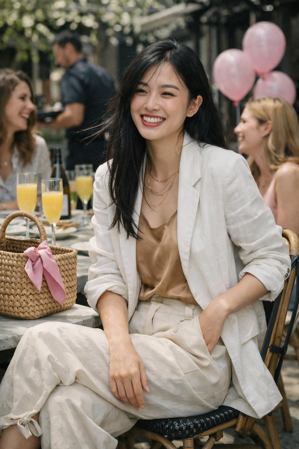 Galentine's Day outfit with white blazer and blush camisole