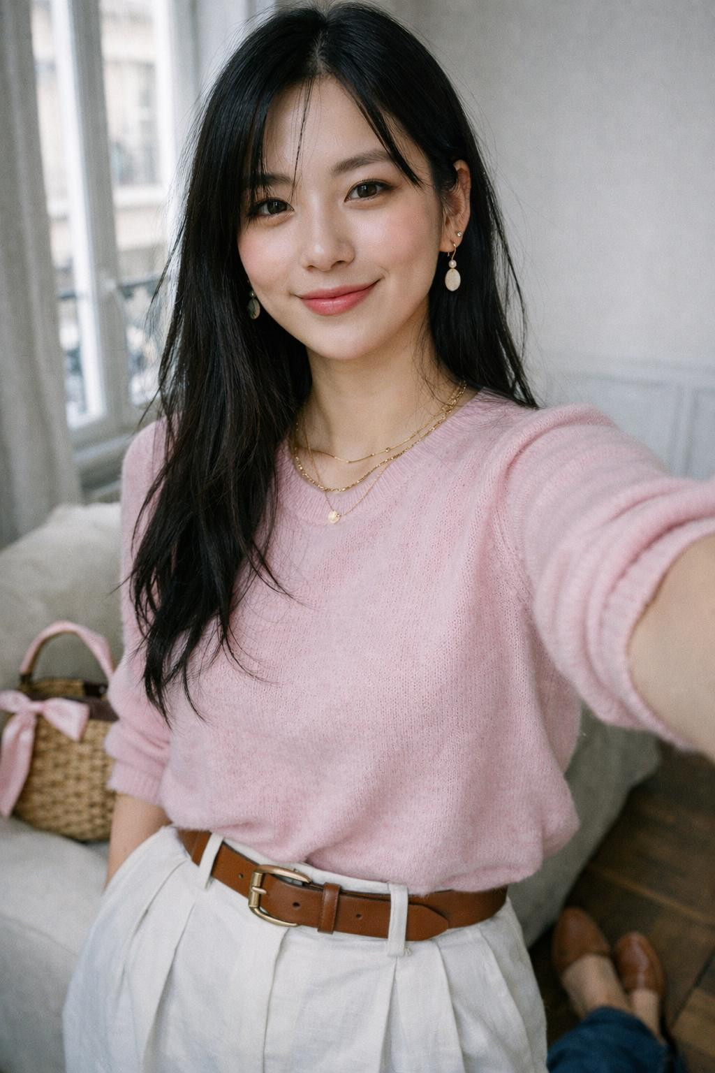 Galentine's Day outfit with pink sweater and white pants