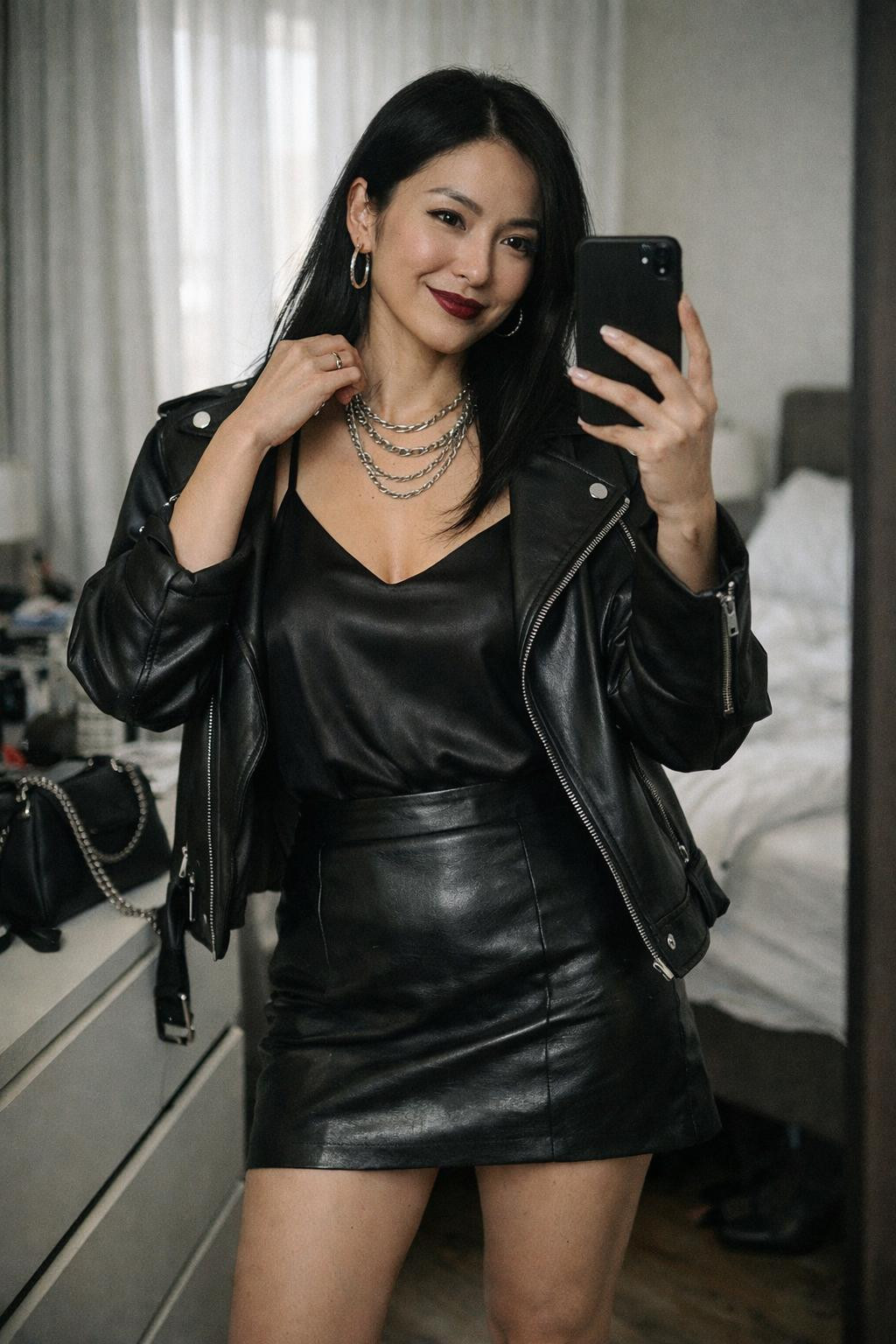 Galentine's Day outfit with leather skirt and moto jacket