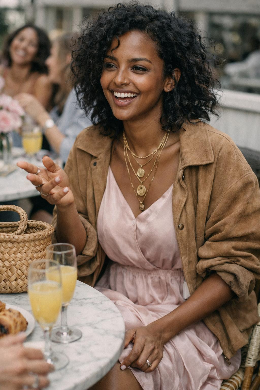 Galentine's Day outfit with pink dress and suede jacket