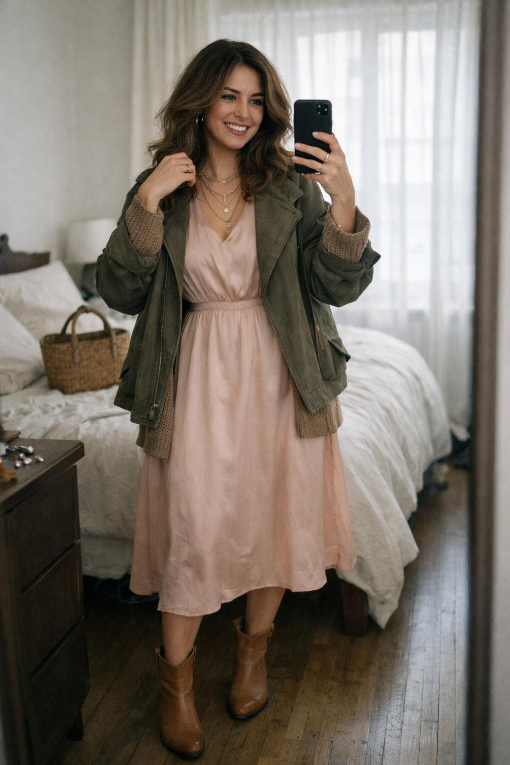 Galentine's Day outfit with blush dress and olive suede jacket