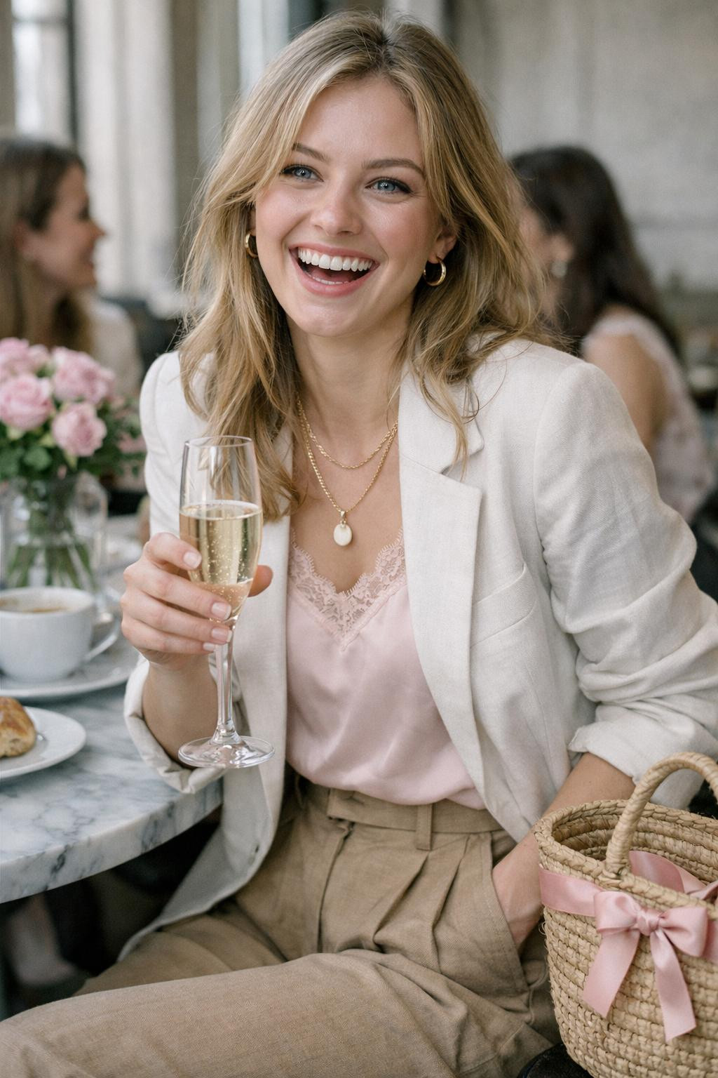Galentine's Day outfit with white linen blazer and soft pink details