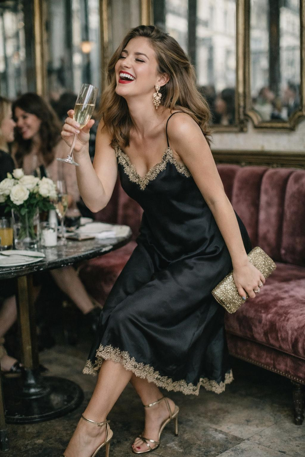 Galentine's Day outfit with black silk slip dress and gold accents