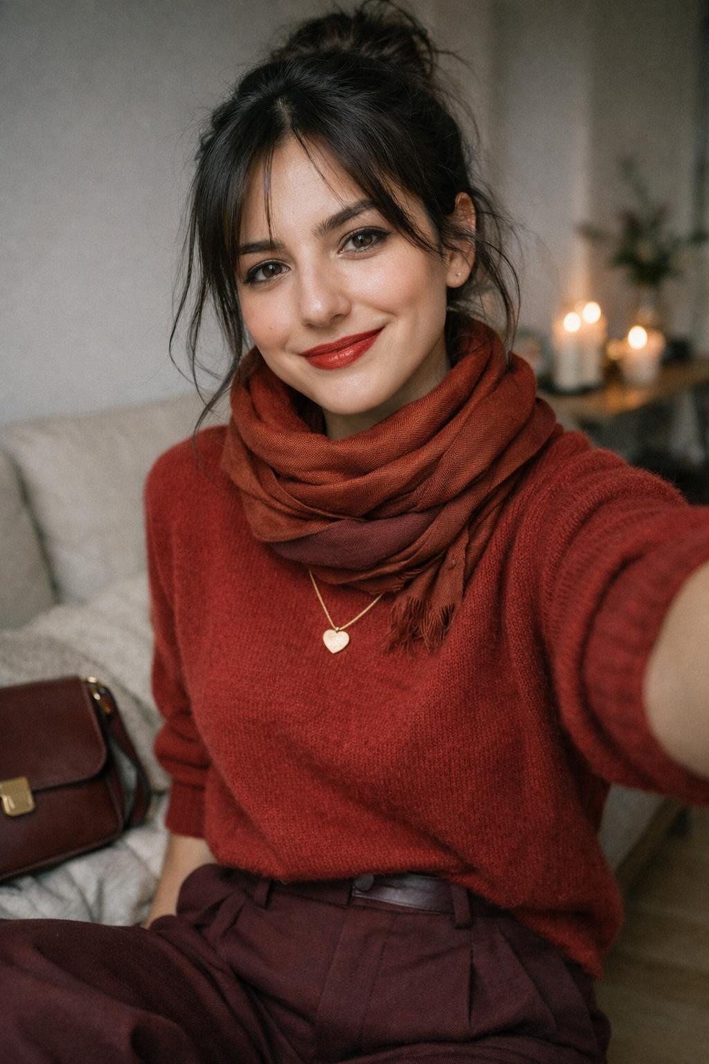 Red Valentine's outfit with cashmere turtleneck and trousers