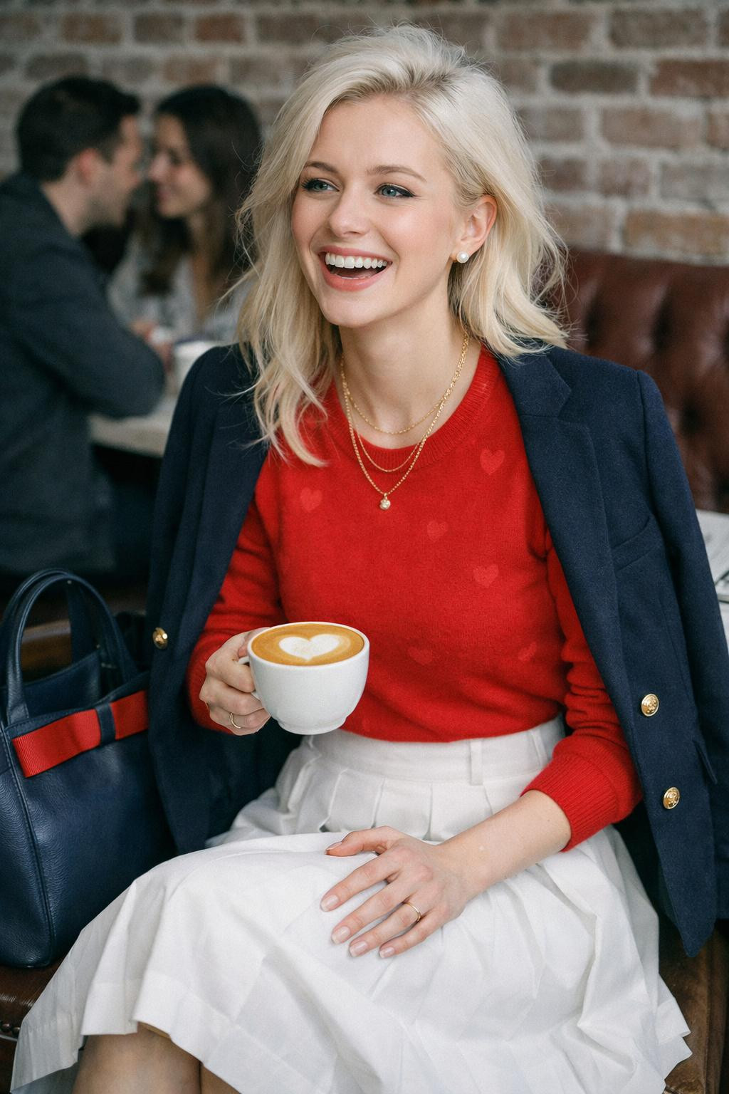 Red Valentine's outfit with cashmere sweater and white skirt