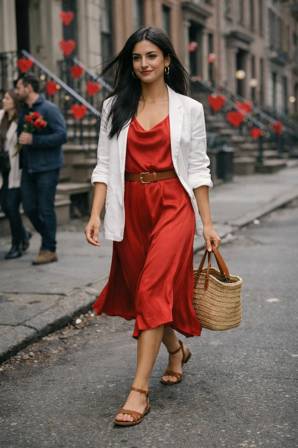 Red Valentine's outfit with silk midi and white blazer