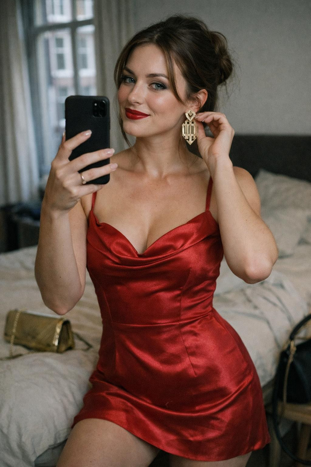 Red Valentine's outfit with silk mini and sweetheart neckline