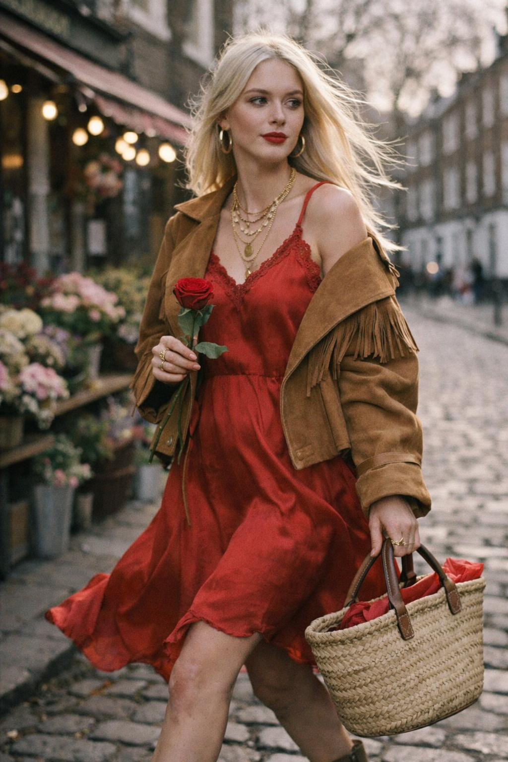 Red Valentine's outfit with silk dress and fringe jacket