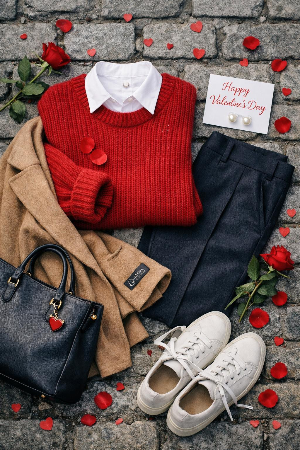 Red Valentine's outfit with crimson sweater and navy tailoring