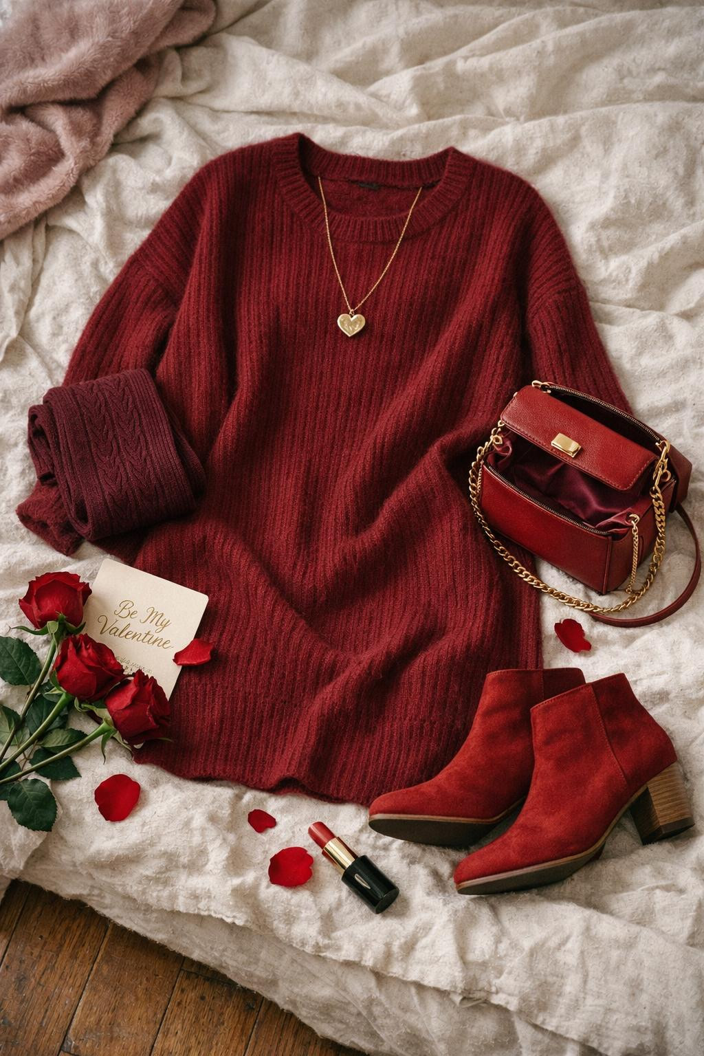 Red Valentine's outfit flat lay with cashmere dress