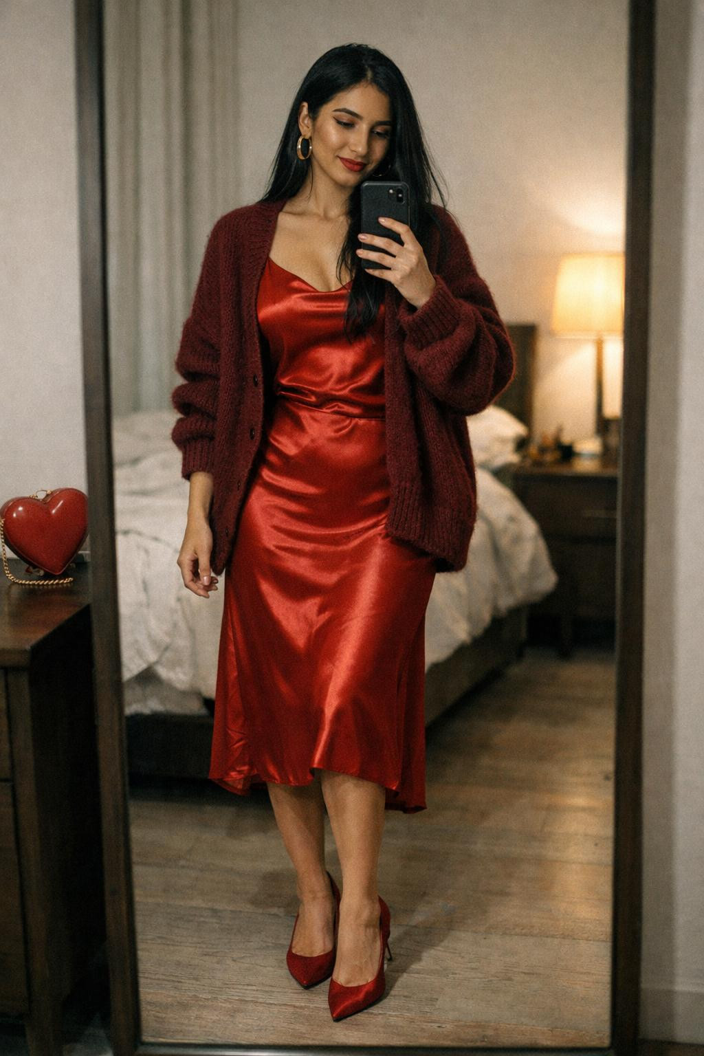 Red Valentine's outfit with satin midi and oversized cardigan