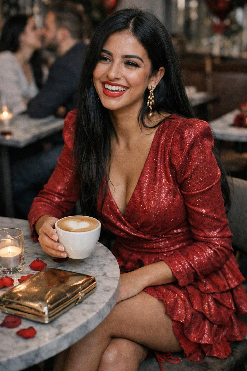 Red Valentine's outfit with metallic silk mini dress