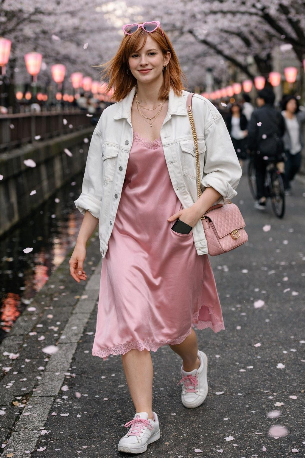 Pink Valentine's outfit with satin slip and oversized denim