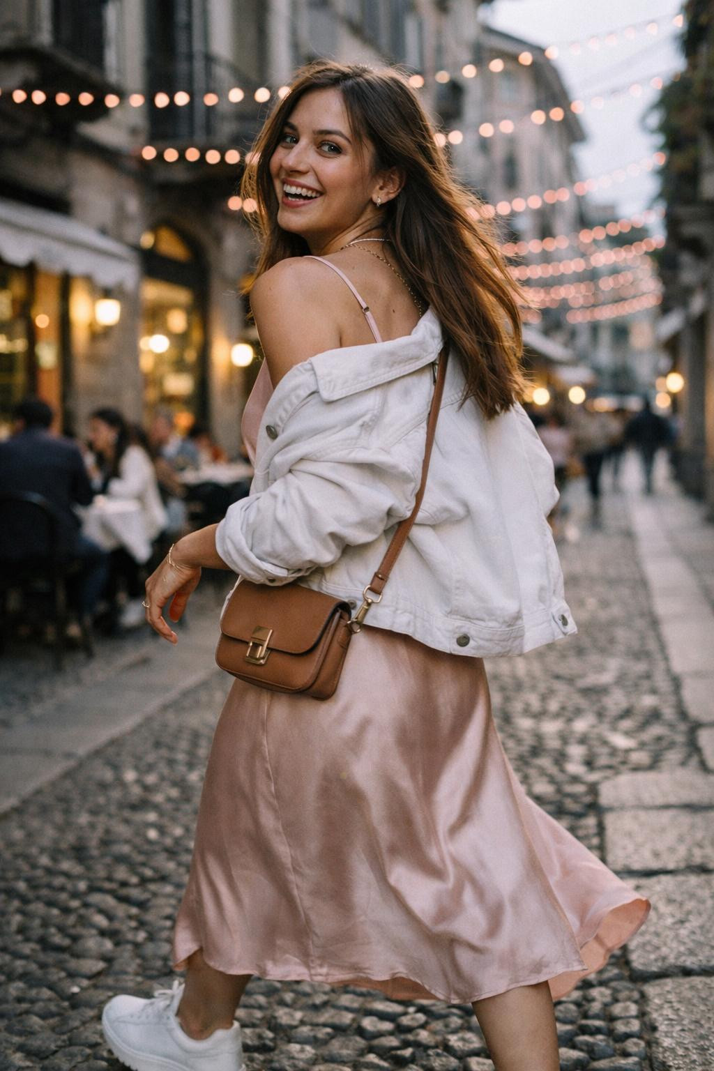 Pink Valentine's outfit featuring silk slip and denim jacket