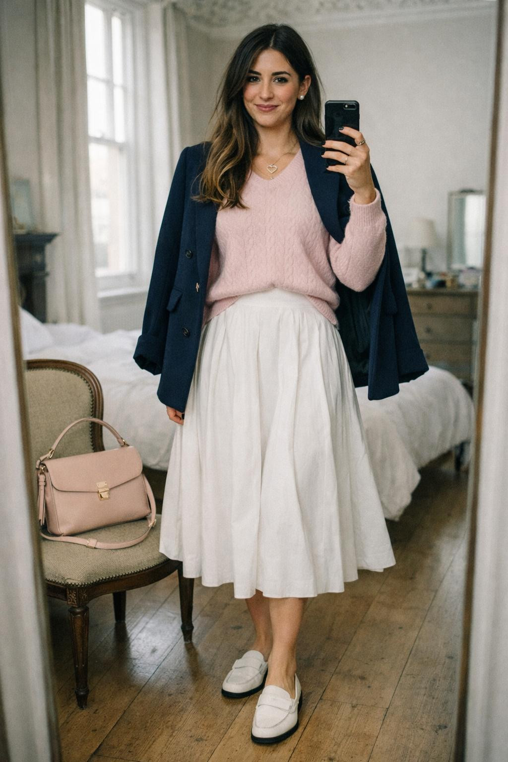 Pink Valentine's outfit with cashmere and pleated skirt styling