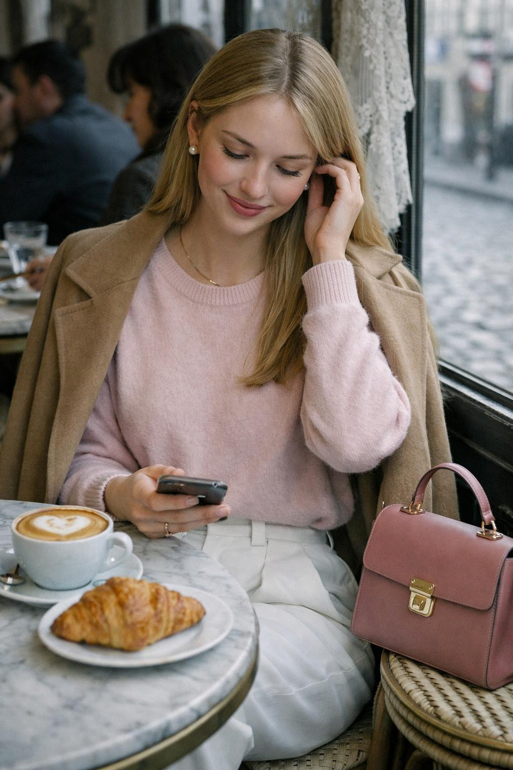 Pink Valentine's outfit featuring cashmere sweater and white trousers