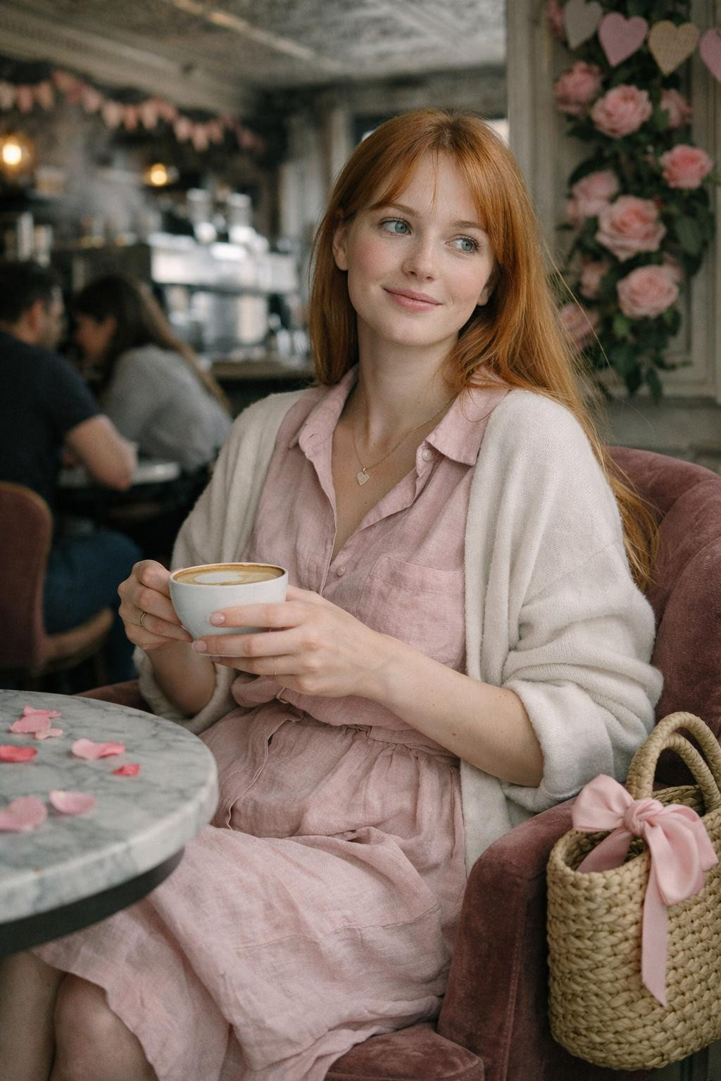 Pink Valentine's outfit featuring linen midi dress and cardigan