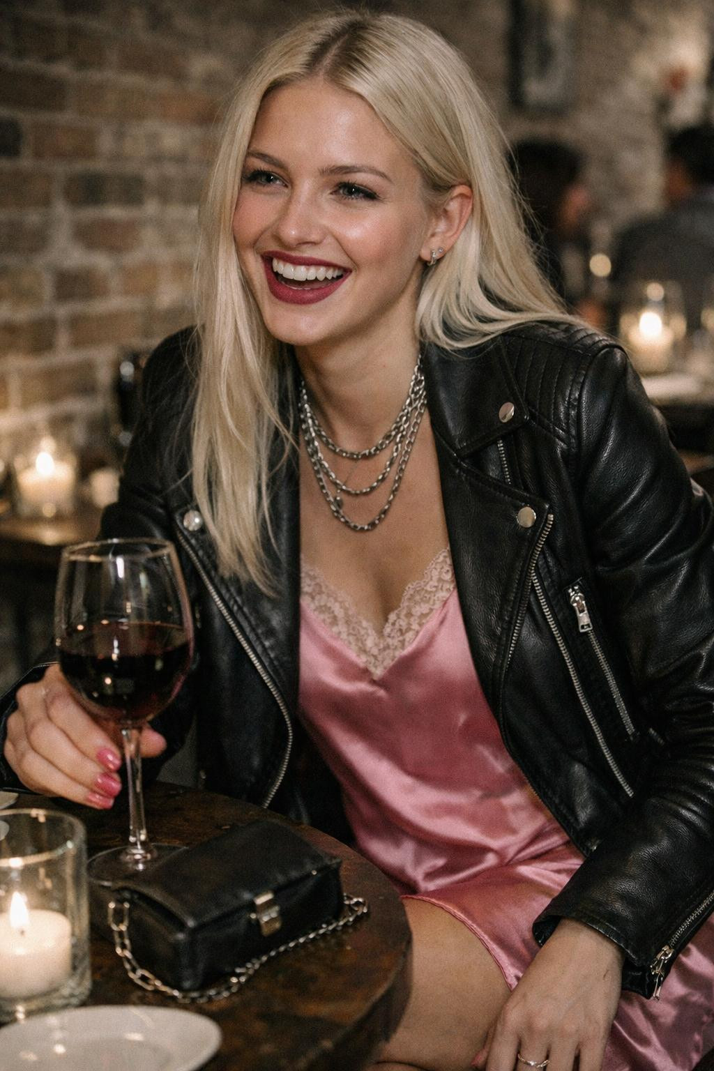 Pink Valentine's outfit with satin slip and leather moto jacket