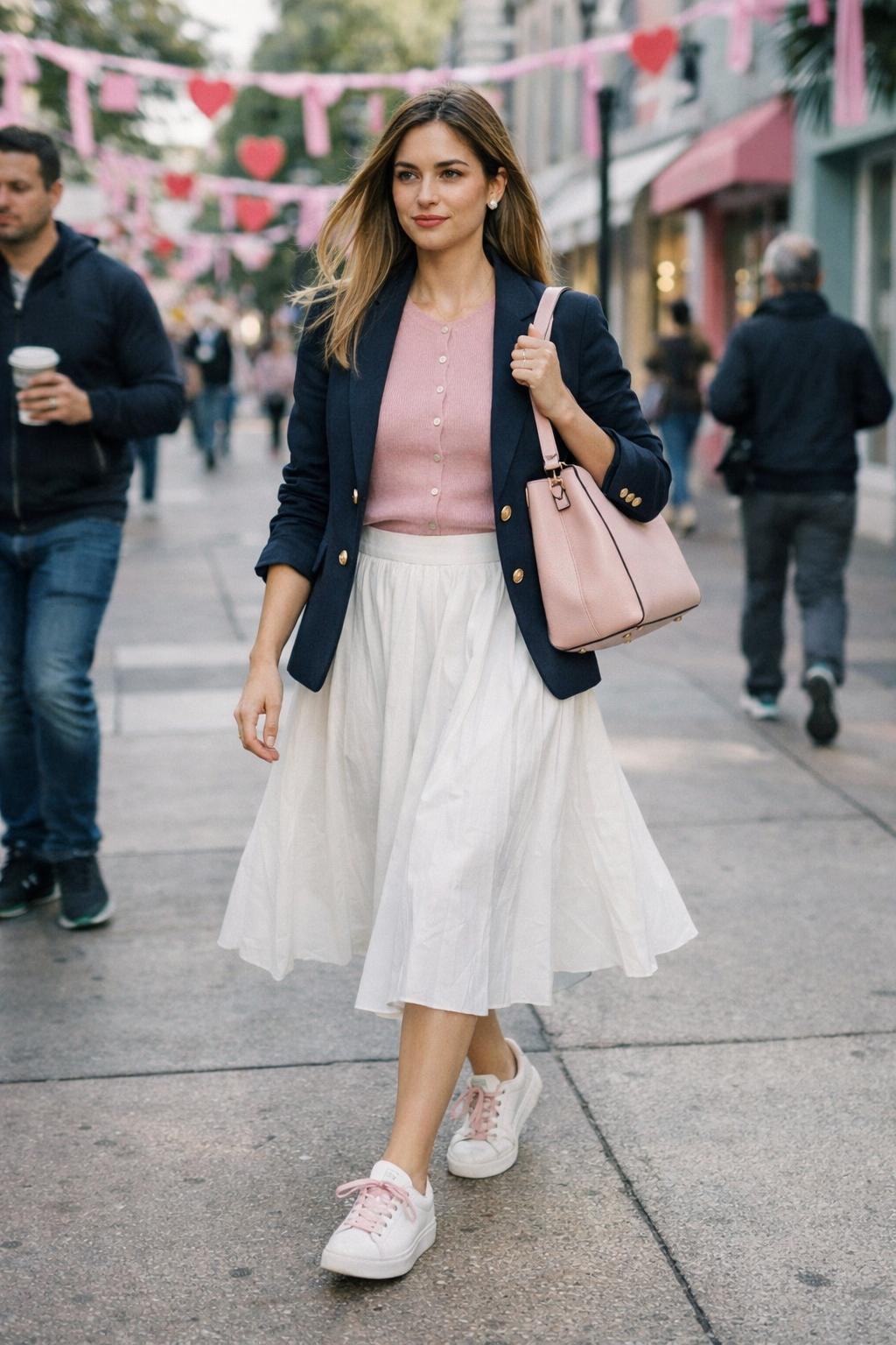 Pink Valentine's outfit with navy blazer and white pleated skirt