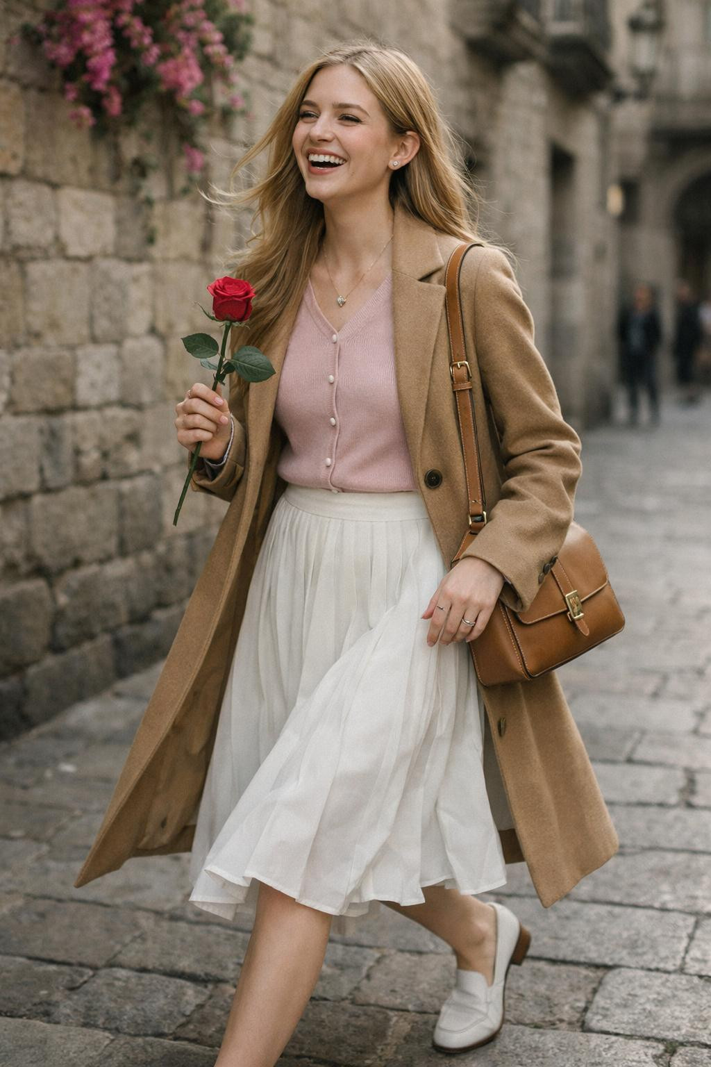 Pink Valentine's outfit with cashmere sweater and camel trench coat