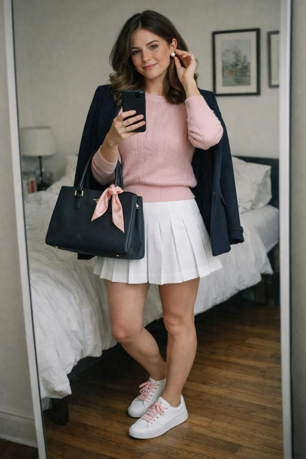 Pink Valentine's outfit with preppy tennis skirt and blazer