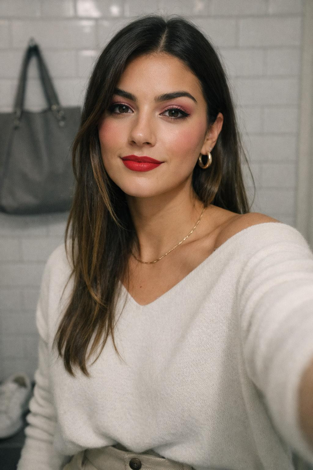 Valentine's Day makeup with pink eyeshadow and bold red lips in bathroom