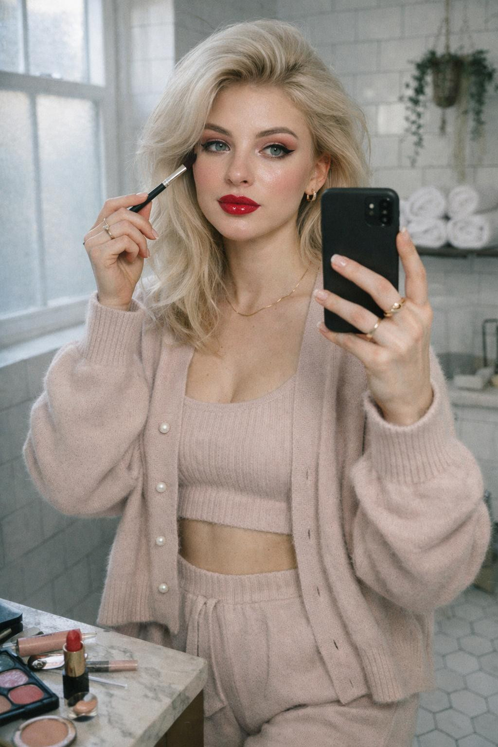 Valentine's Day makeup with red glossy lips and pink eyeshadow in bathroom