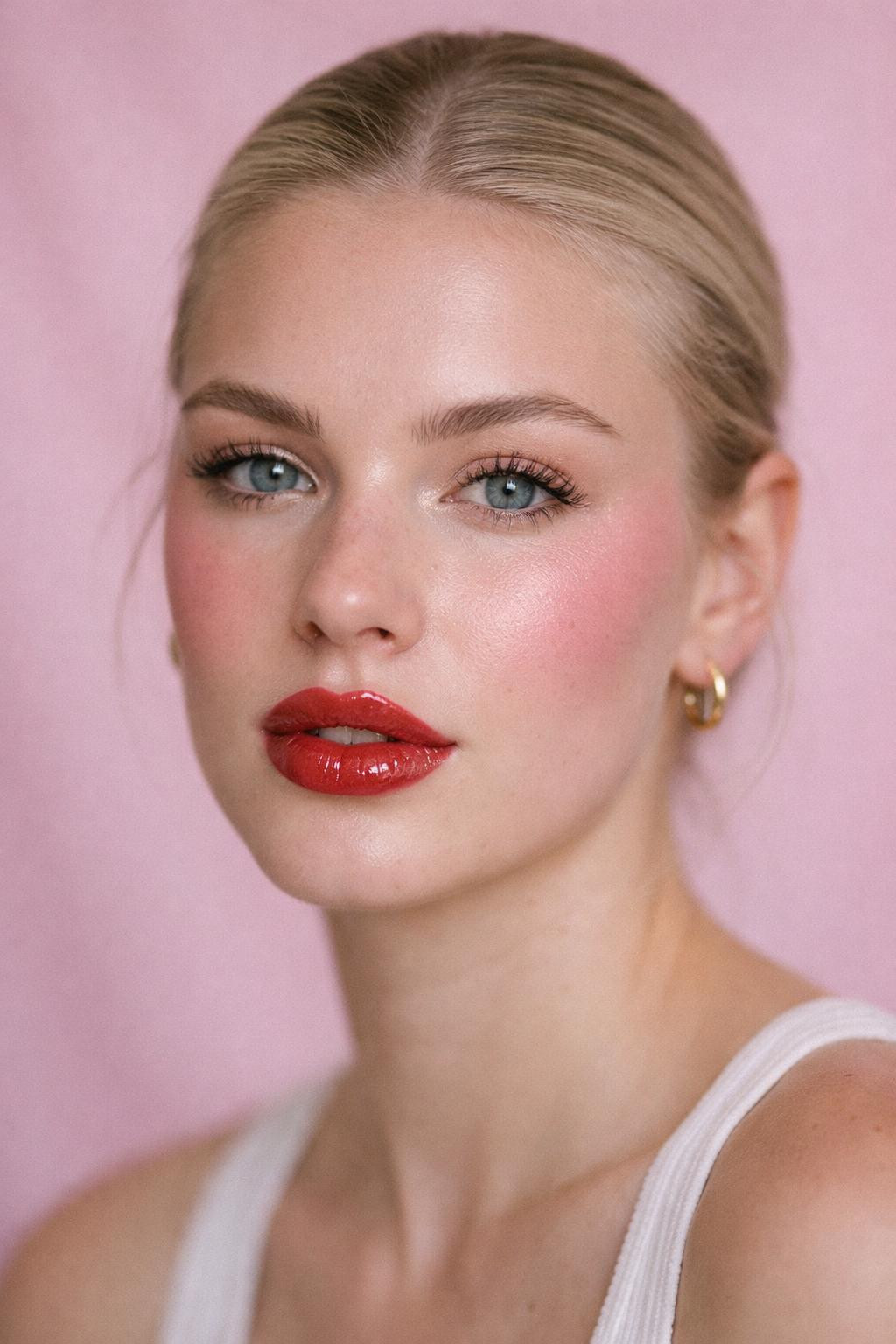 Valentine's Day makeup editorial with glossy cherry lips and pink blush
