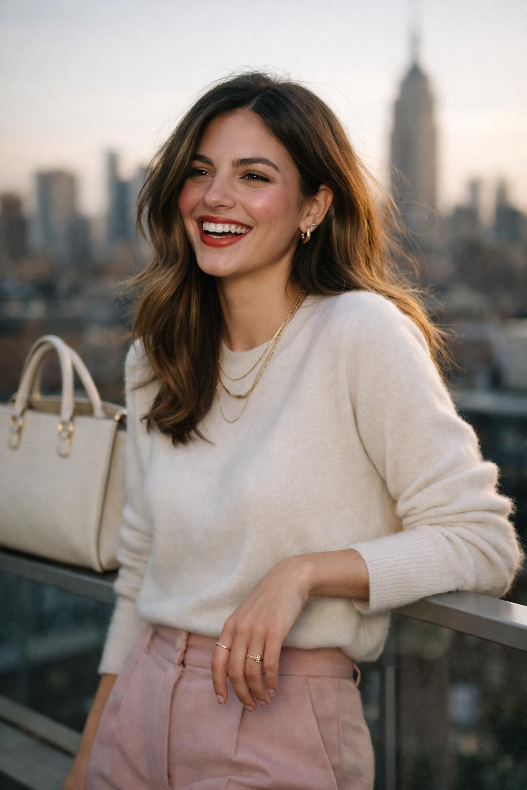 Valentine's Day makeup with pink cheeks and glossy red lips in golden light