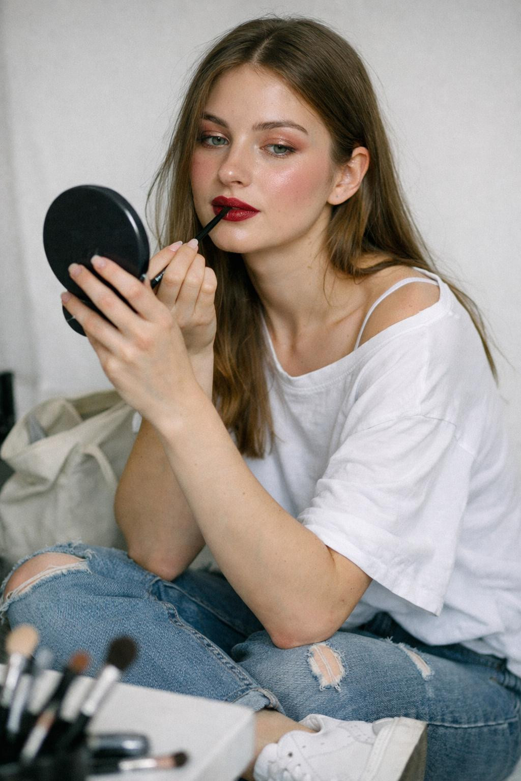 Valentine's Day makeup with deep red lips and rose gold eyeshadow