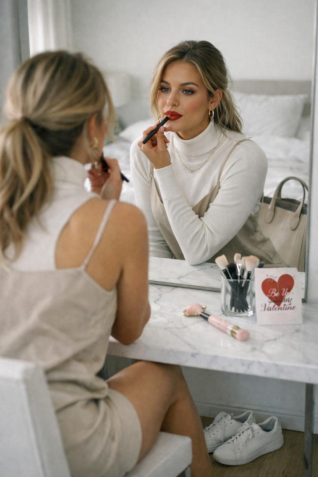 Valentine's Day makeup with pink eyeshadow and gold highlighter