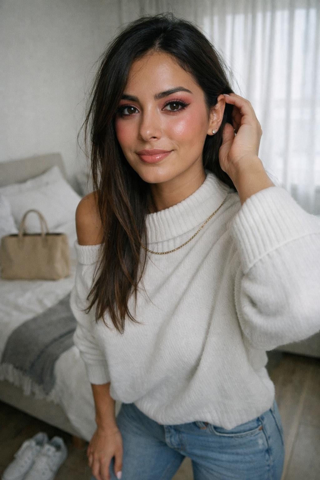 Valentine's Day makeup with soft pink eyeshadow and nude glossy lips