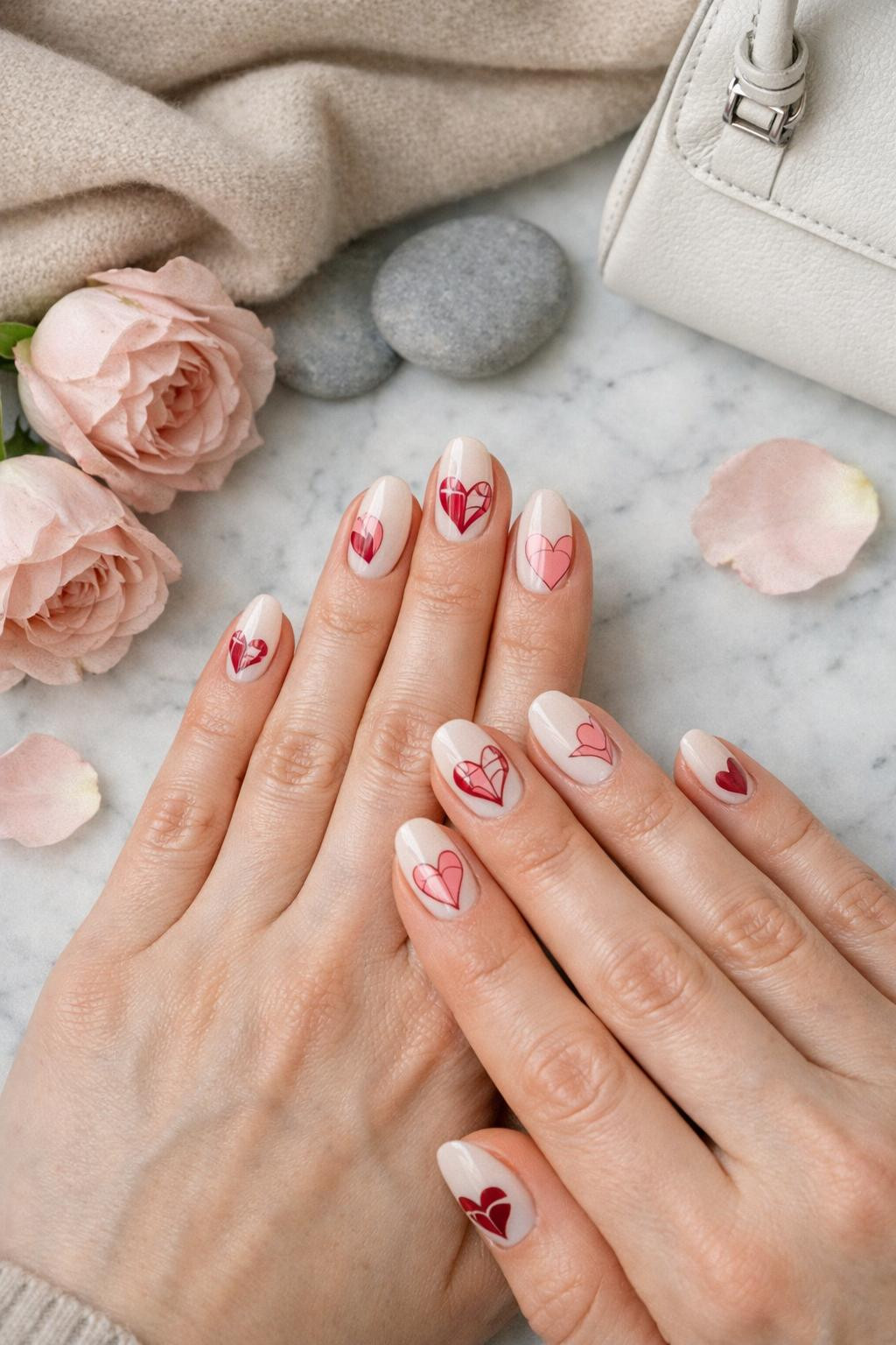 Valentine's Day nails with architectural geometric heart designs with clean lines