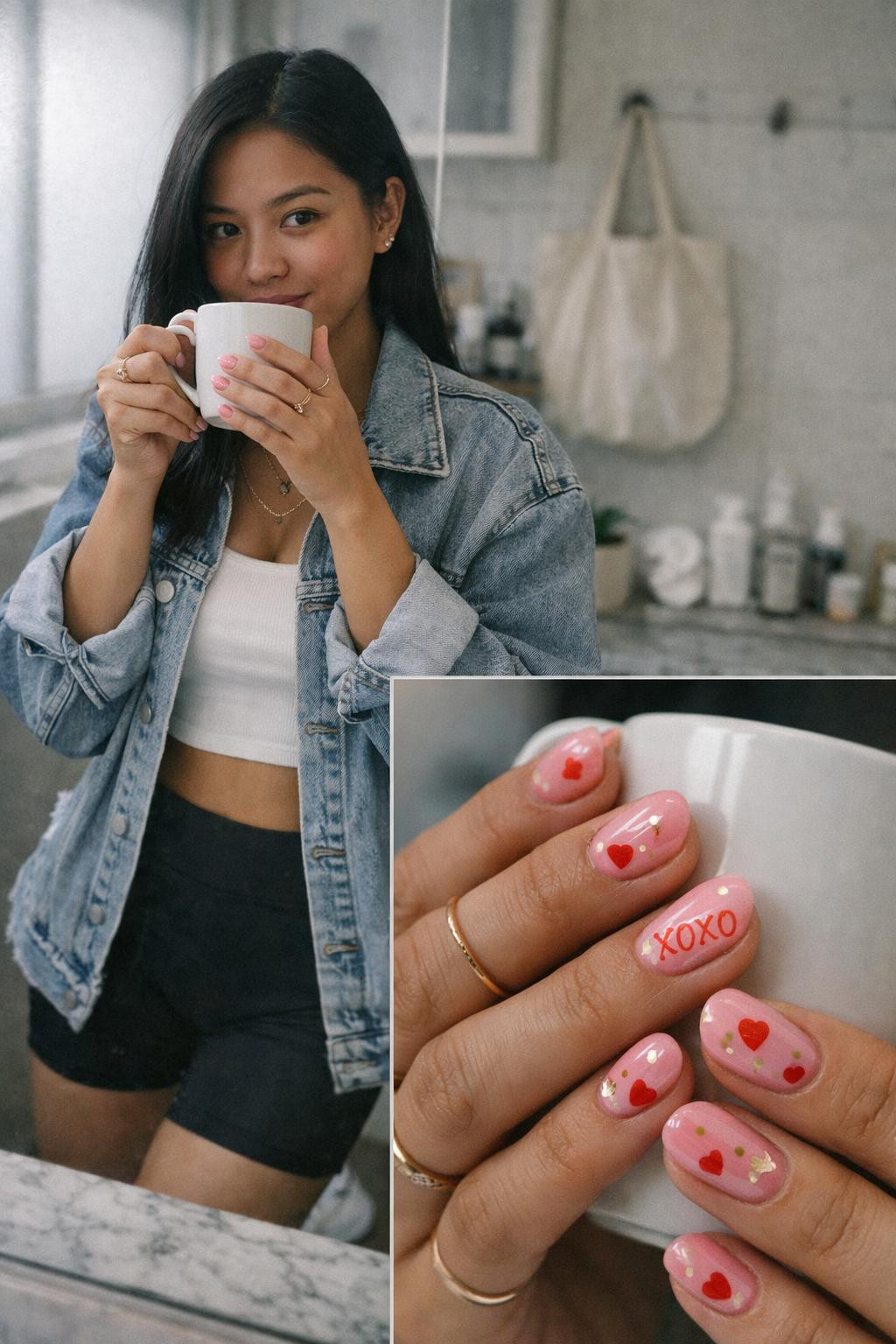 Valentine's Day nails with glossy pink with hand-painted hearts and XOXO script