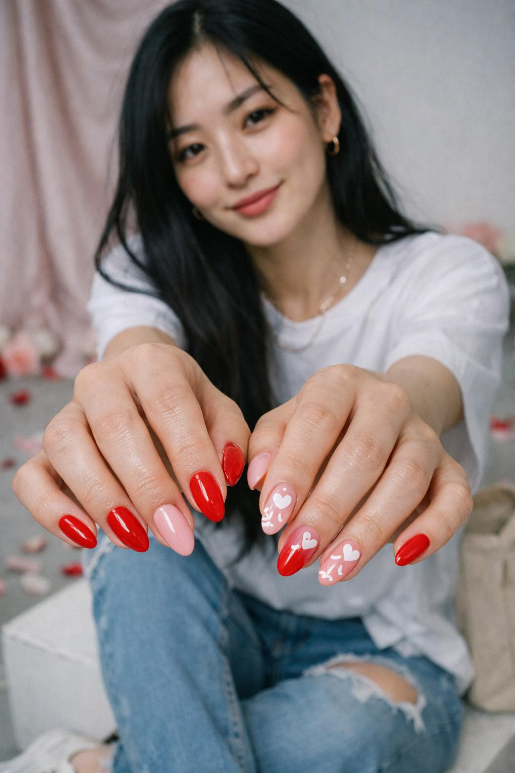 Valentine's Day nails with professional salon red and pink with white heart details