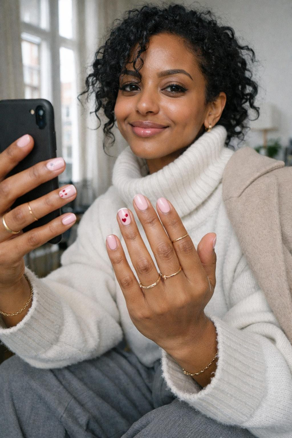 Valentine's Day nails with soft pink hearts and minimalist white line work
