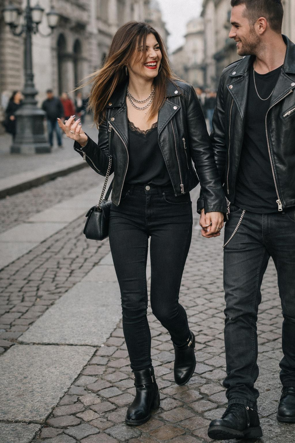 Couples Valentine's outfit with black leather moto jacket and skinny jeans