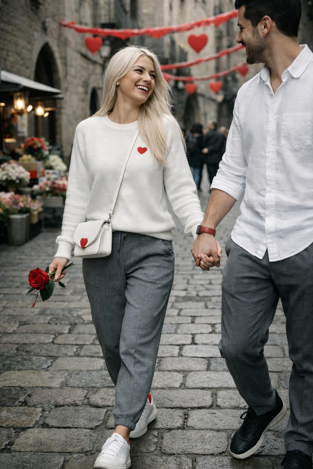 Couples Valentine's outfit with white cashmere crewneck and grey jogger trousers