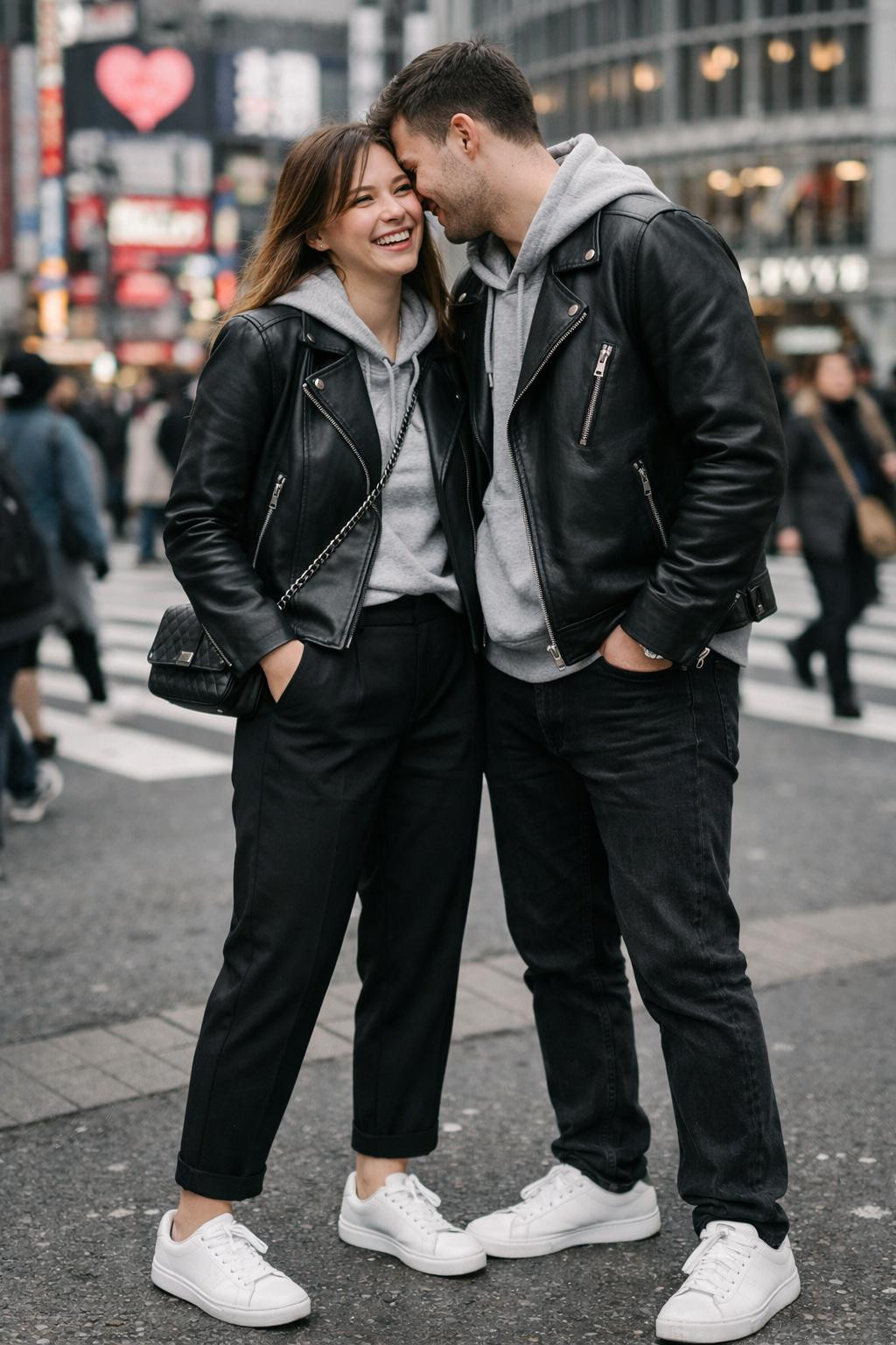 Couples Valentine's outfit with black leather moto jacket and grey cashmere hoodie