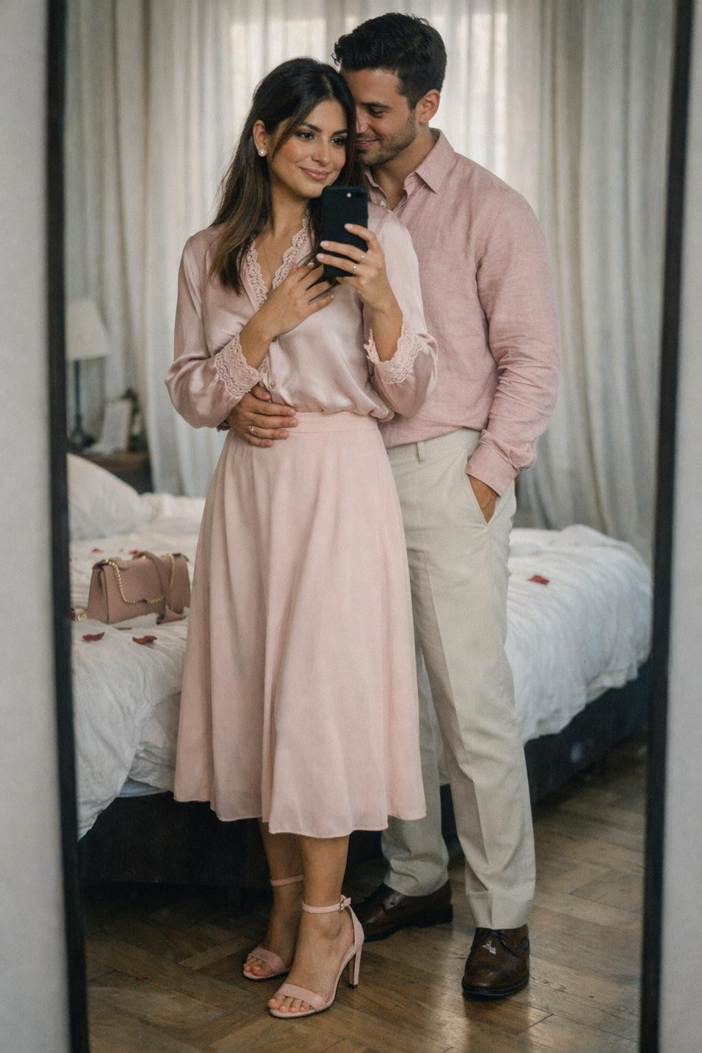 Couples Valentine's outfit with blush pink silk blouse and flowing midi skirt