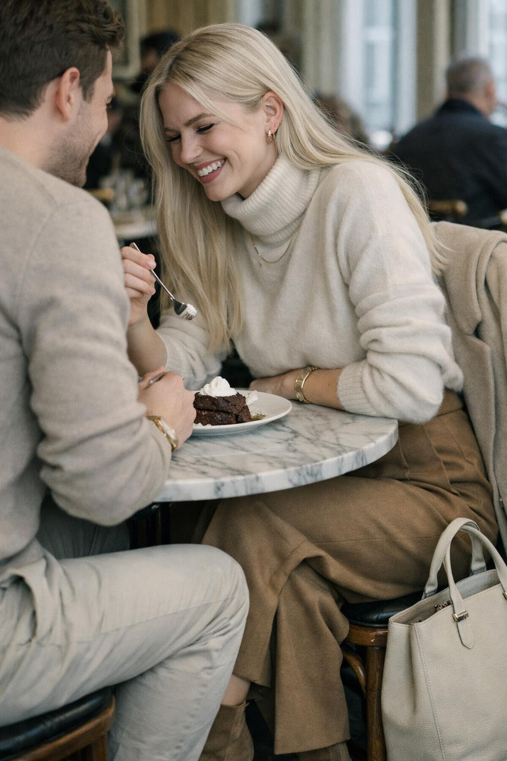 Couples Valentine's outfit with cream cashmere turtleneck and camel wide-leg trousers