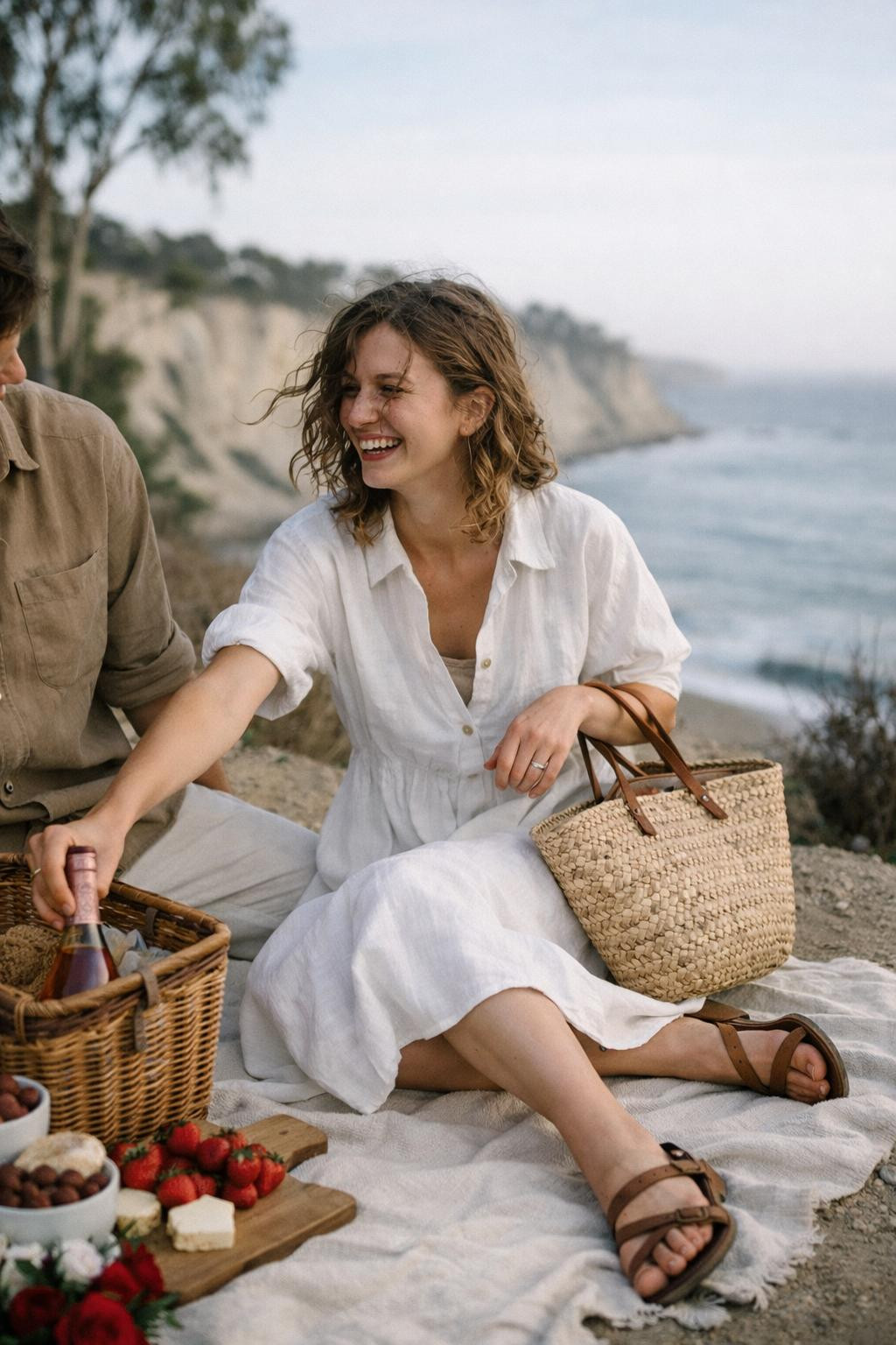 Couples Valentine's outfit with white linen sundress and tan leather sandals