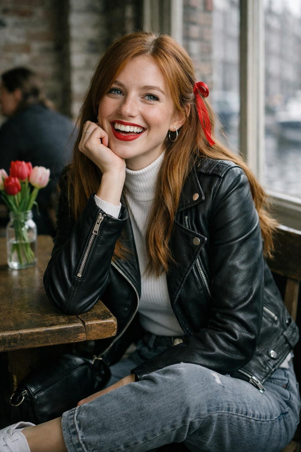 Valentine's Day hairstyles with soft waves and red silk ribbon