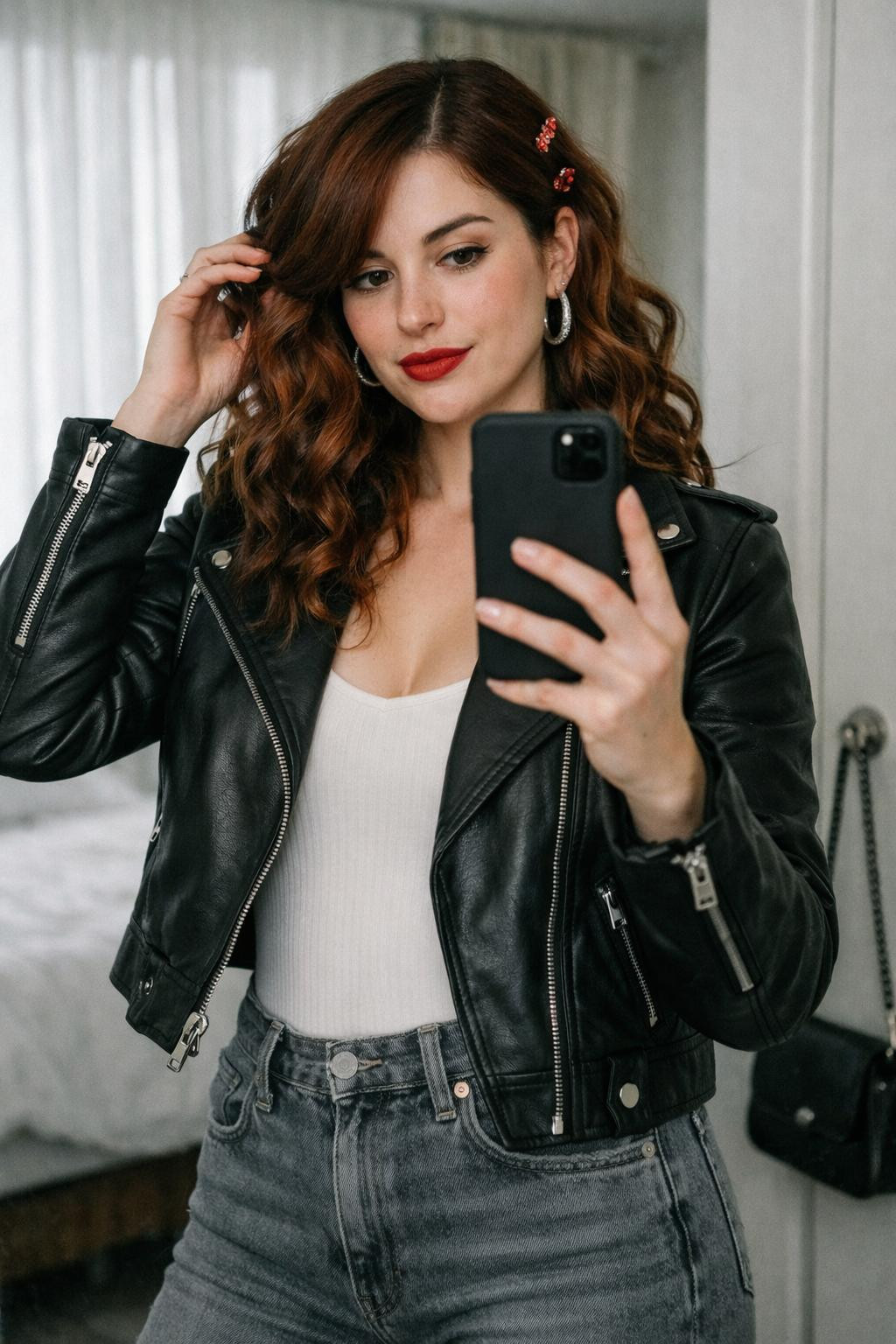 Valentine's Day hairstyles with copper curls and red crystal clips