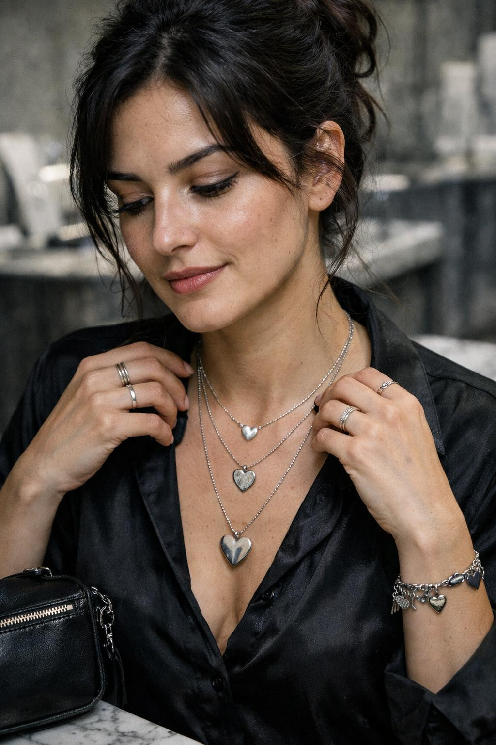 Valentine's Day jewelry layered silver heart pendant necklaces with black silk